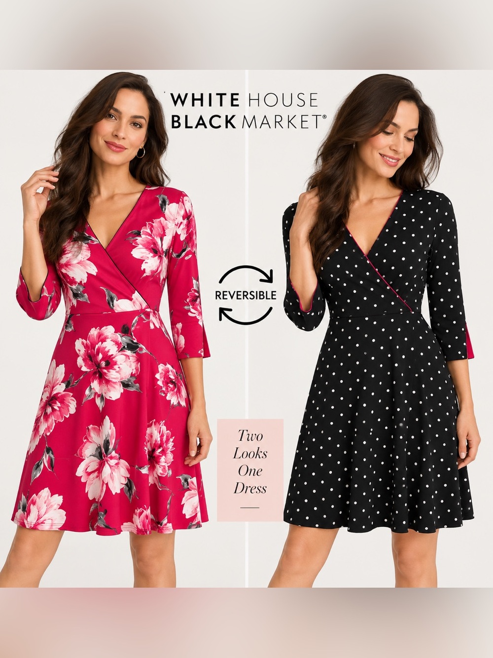 White House Black Market XS Reversible Polka Dot Wrap Dress Black Pink